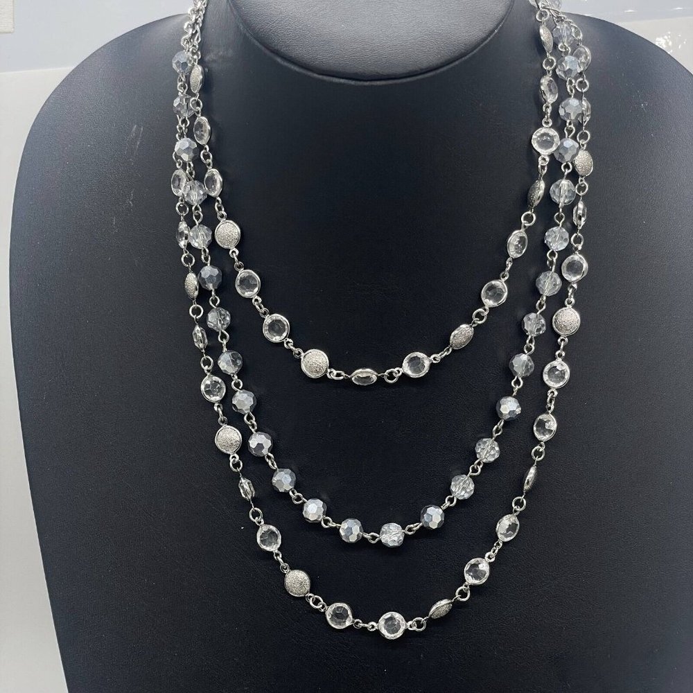 WHBM Triple Strand Crystal Clear Beaded Statement Necklace Silver Tone 18" - Picture 3 of 6